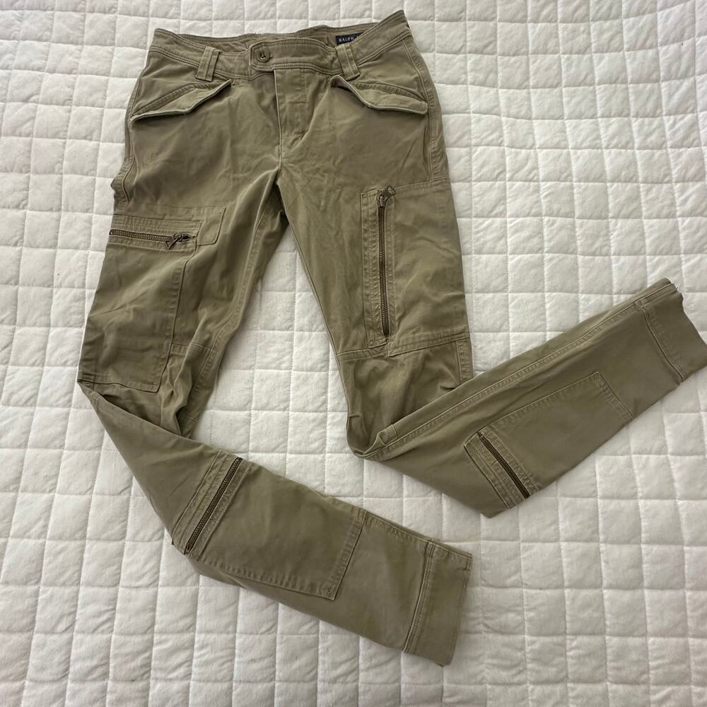 Vintage Ralph Lauren Pants Womens 6 Green Skinny Moto Zip Cargo Pockets Retro